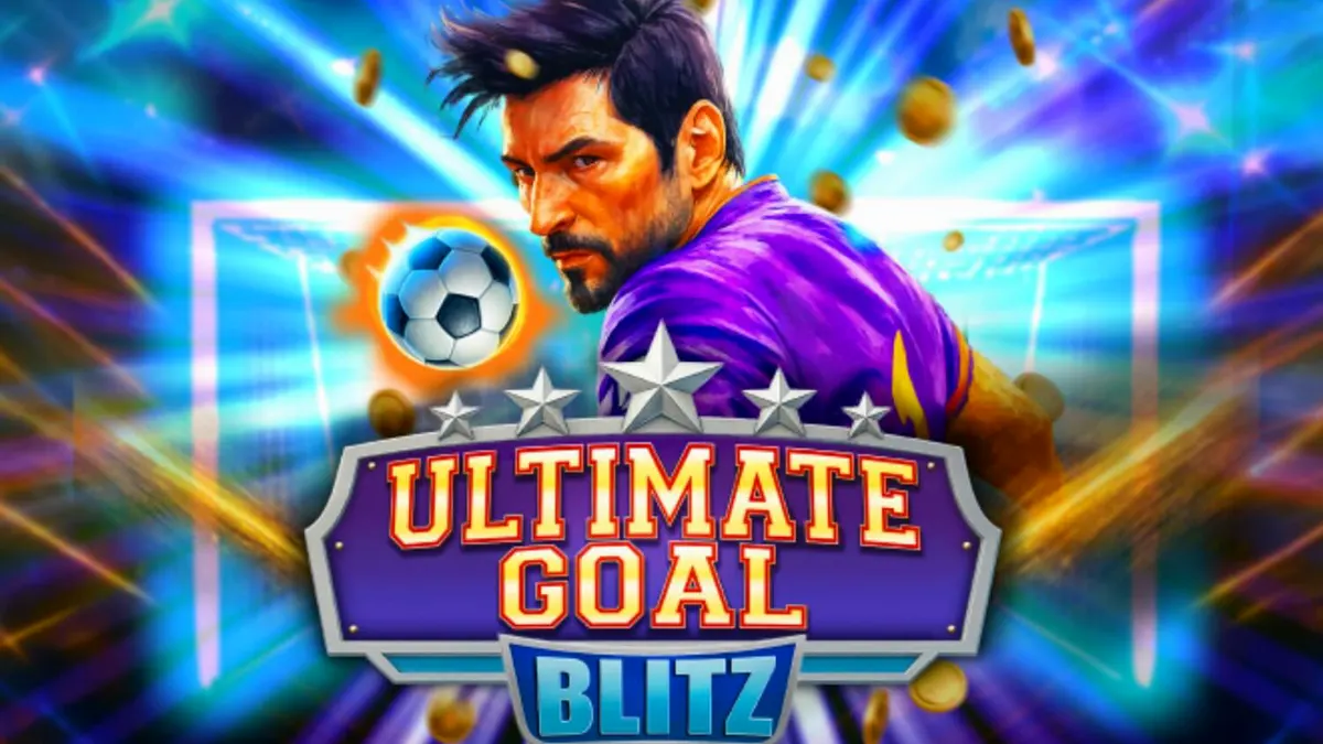 Tampilan layar permainan slot Ultimate Goal Blitz dengan tema stadion sepak bola yang megah